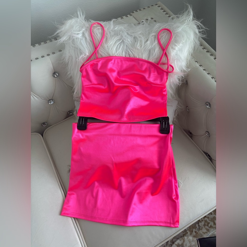 Sexy Pink Satin Mini Skirt Set
